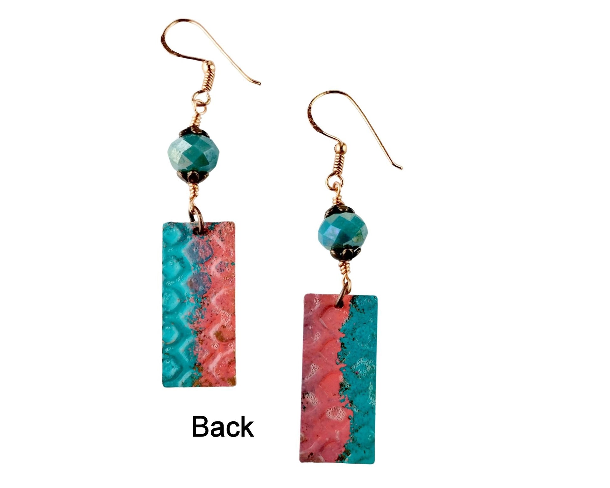 Artisan copper dangle earrings with geometric texture and colorful bead accents