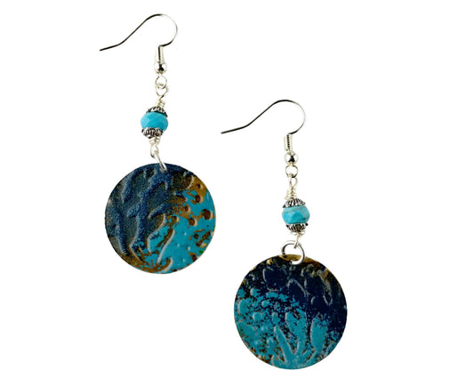 Hand-painted brass earrings with aquamarine seaweed design and blue howlite beads