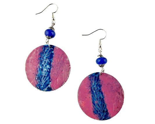 Hand-painted pewter feather earrings in pink and blue with cobalt bead accents