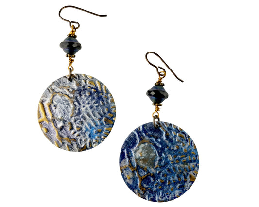 Distressed round brass earrings in rich blue and black