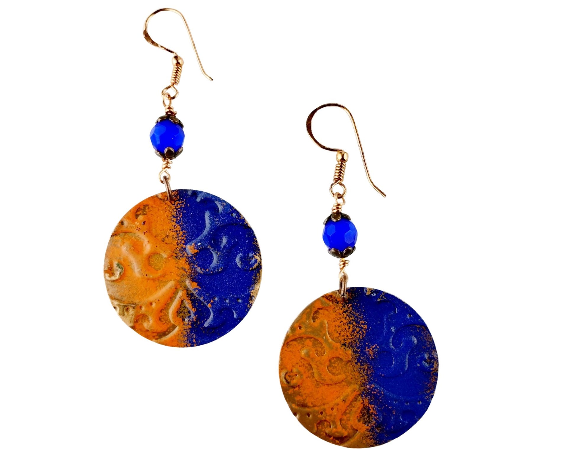 Statement copper dangle earrings with navy glass bead links