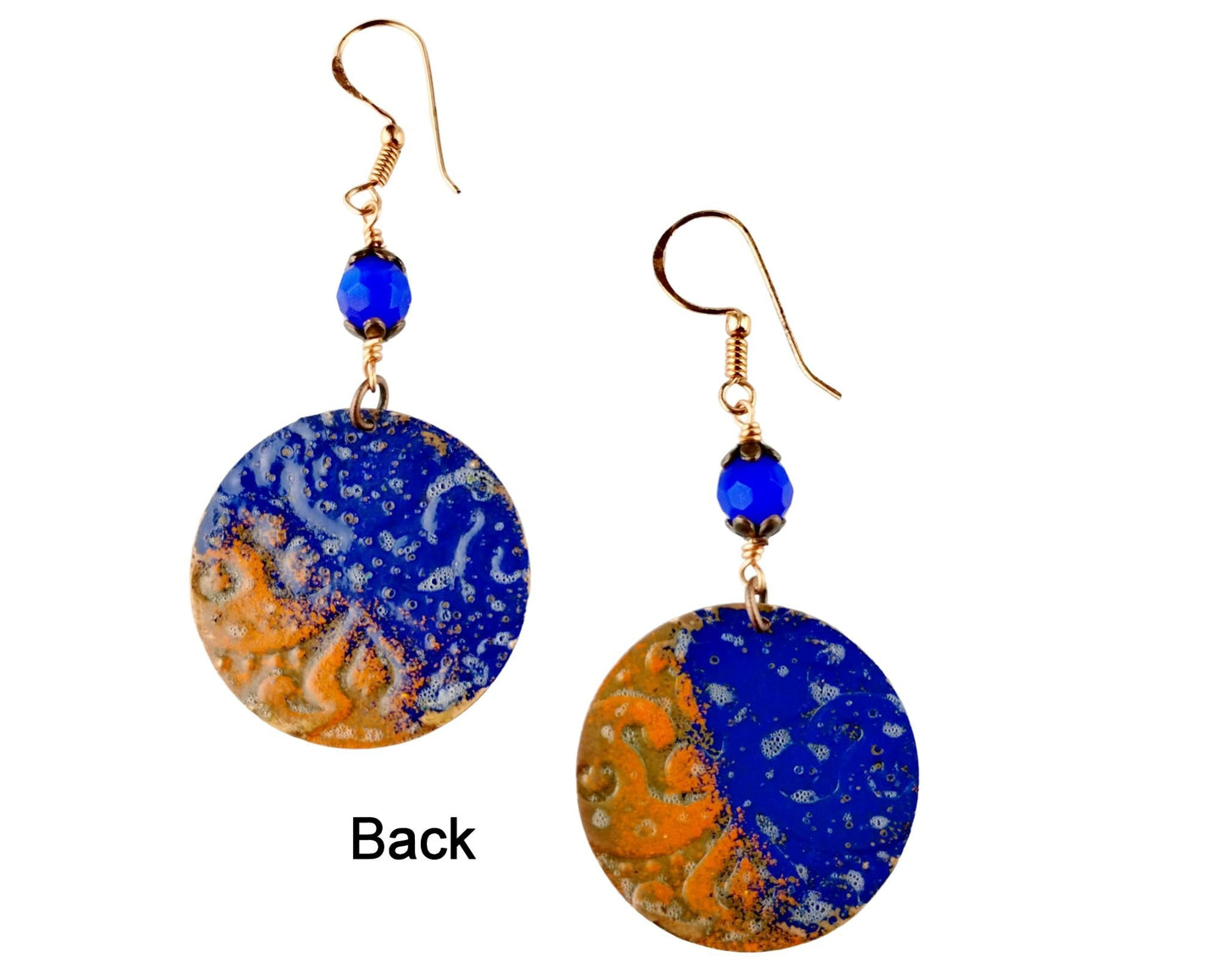 Large textured copper earrings in burnt orange and navy blue