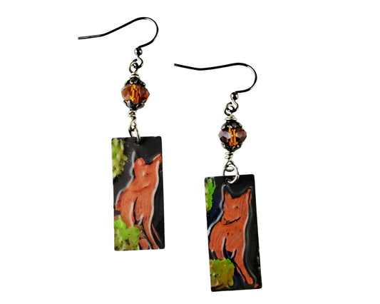 Hand-painted fox earrings in reddish brown and green with topaz glass bead accents
