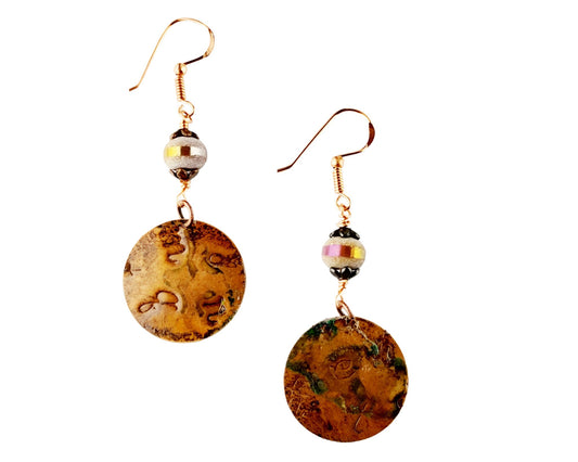 Handmade copper earrings with etched alphabet letters and rosewood brown glass beads