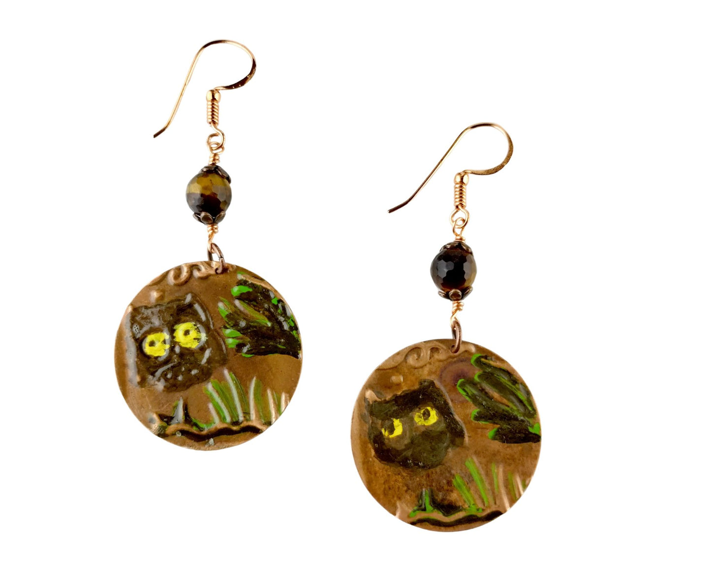 Hand-painted copper owl earrings with tiger’s eye gemstones