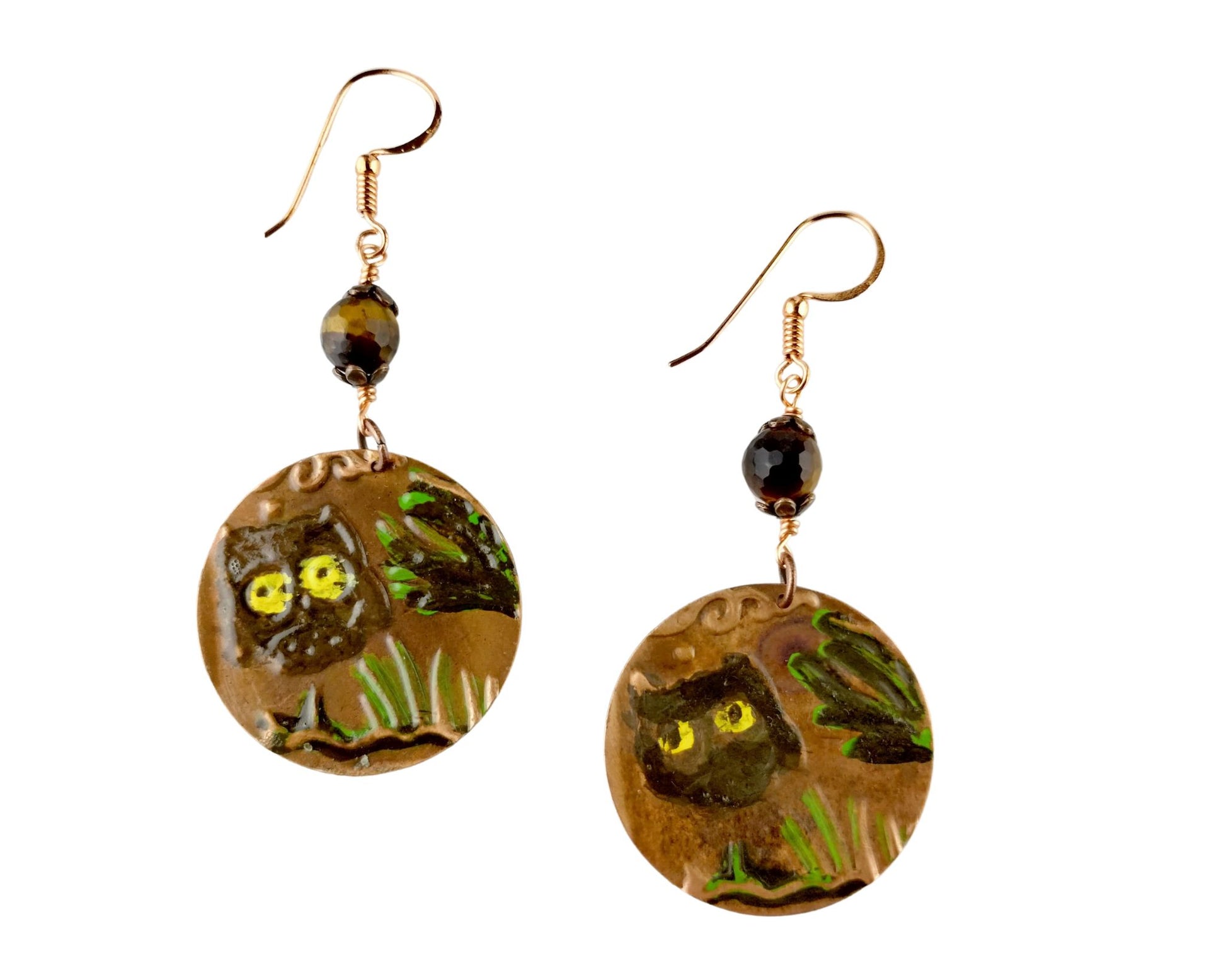 Hand-painted copper owl earrings with tiger’s eye gemstones