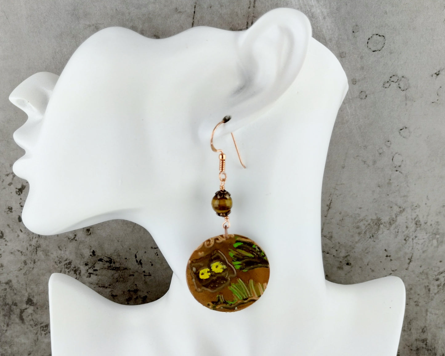 Mystical owl design earrings with earthy gemstone bead drops