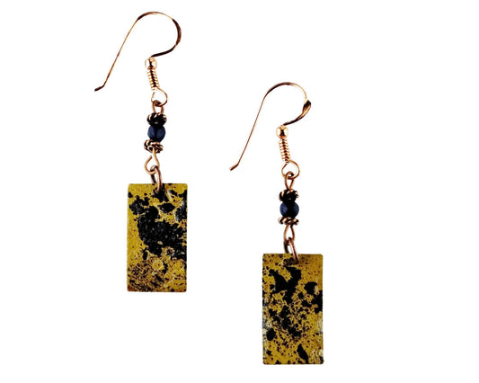 Dainty copper rectangle earrings hand-painted in muddy yellow and navy blue