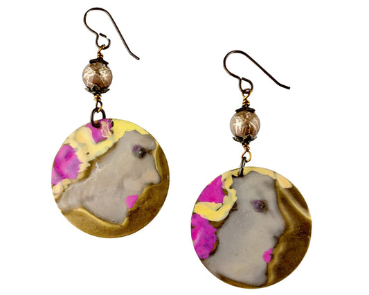 Hand-painted brass earrings with embossed lady face design