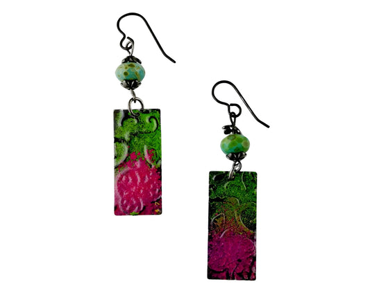 Hand-painted jade green and raspberry purple rectangle earrings with glass beads