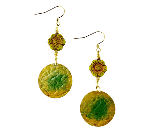 Handmade Hawaiian flower and frog brass earrings in moss green and gold.