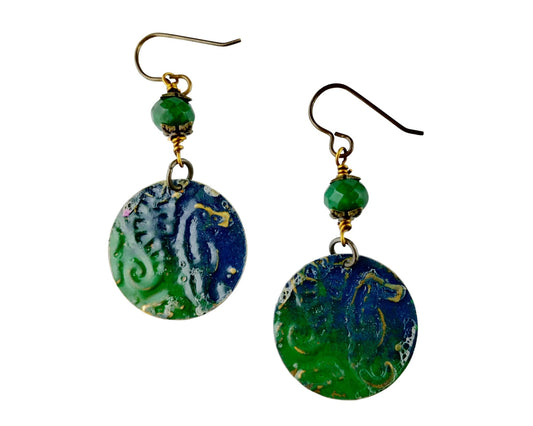 Handmade brass earrings with seahorse design and hunter green glass beads