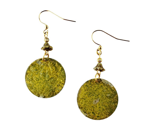 Lime green round earrings with hand-painted brass and glass flower beads