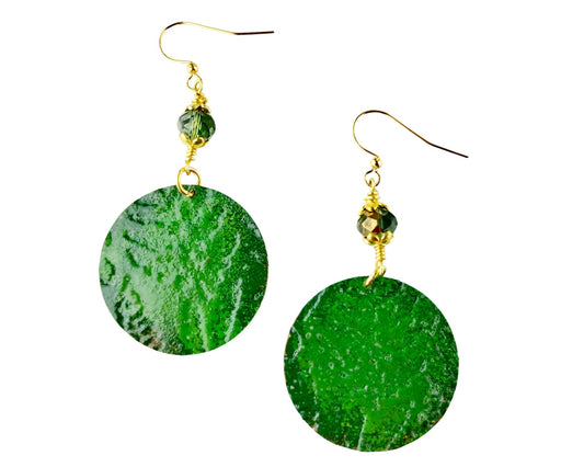 Hand-painted fern leaf brass earrings with emerald green glass beads