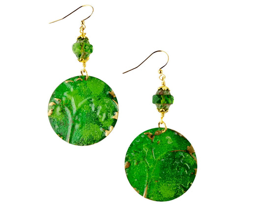 Kelly green botanical earrings with embossed plant design on brass