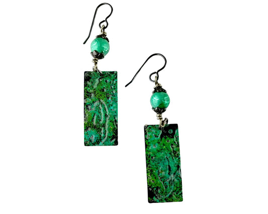 Pine green seahorse earrings with glass beads and gunmetal brass details