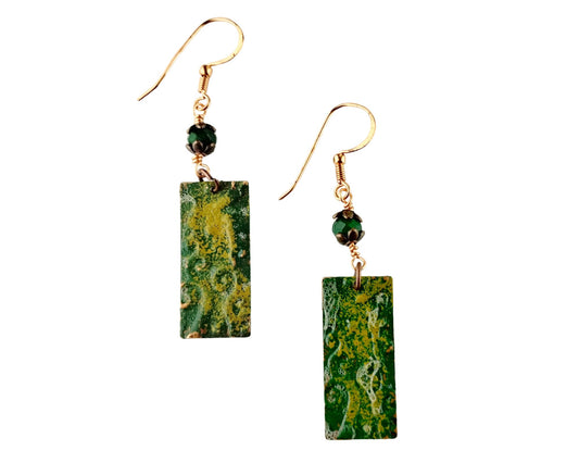 Hand-painted copper earrings with forest and olive green vine design
