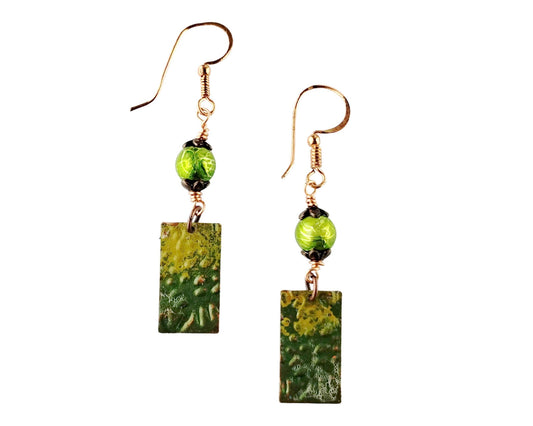 Hand-painted copper earrings with Kelly green glass beads and forest green details
