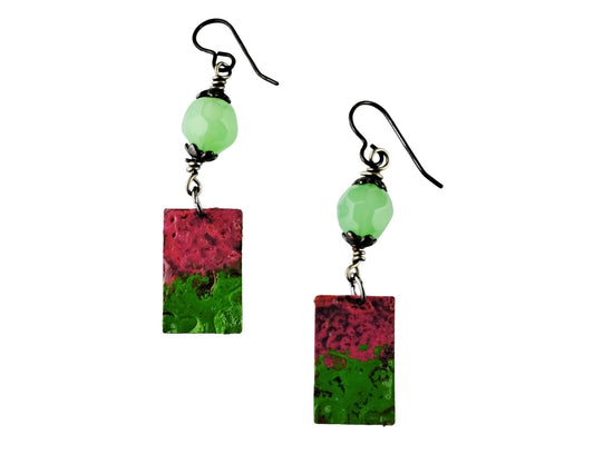 Hand-painted magenta and fern green floral earrings with pistachio glass beads