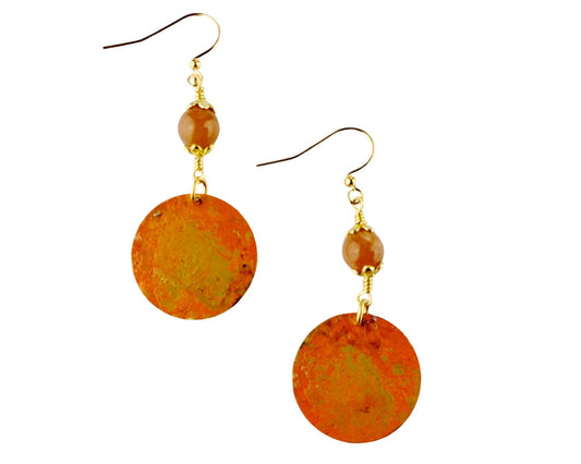 Hand-painted brass earrings in muted orange and lime green