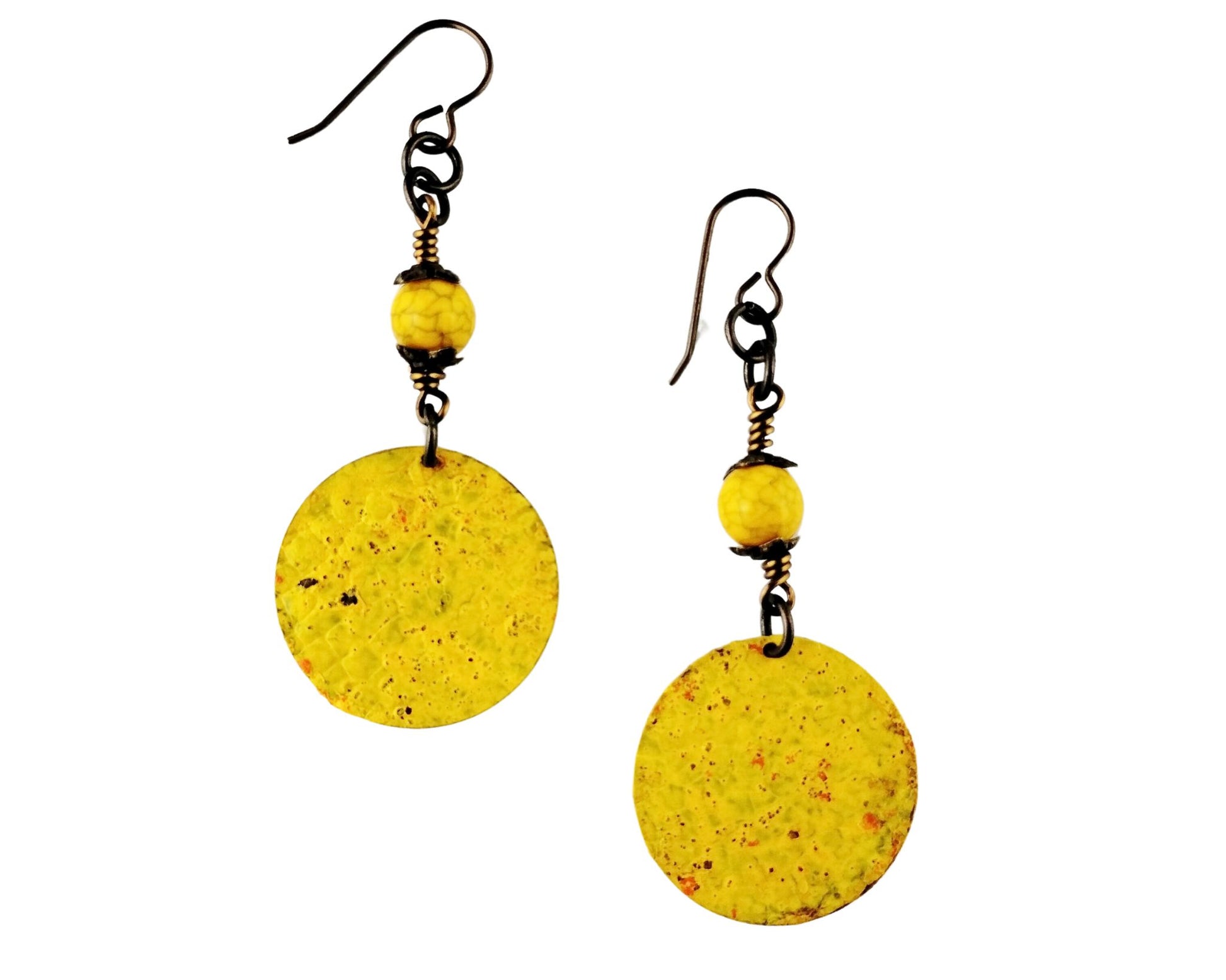 Hand-painted golden yellow brass earrings with faceted glass bead accents.