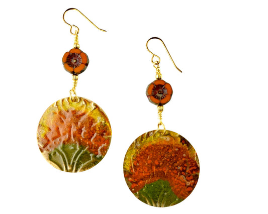Hand-painted brass earrings with pumpkin flower glass beads