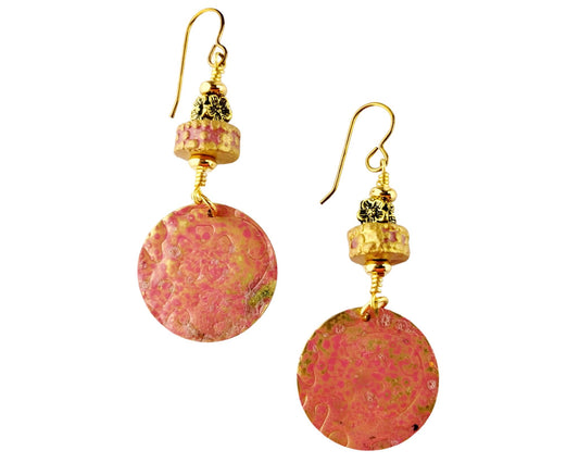 Hand-painted rose pink brass earrings with textured design and gold floral accents