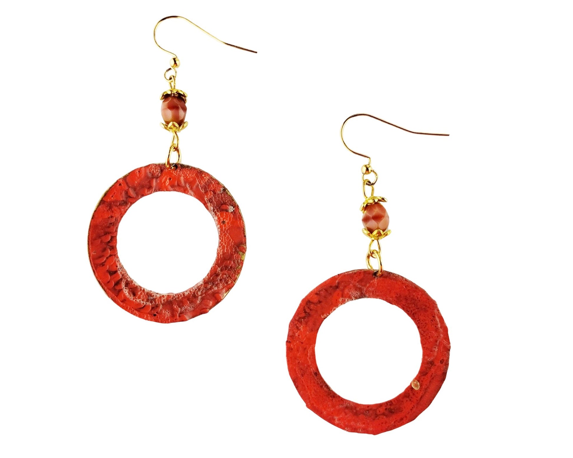 Salmon pink hoop earrings with Czech glass bead drops and textured brass hoops