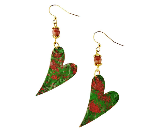 Hand-painted artisan heart earrings in fern green with coral pink wild rose design