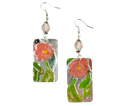 Hand-painted pewter earrings with embossed floral design in pale pink and green