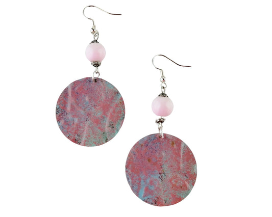 Whimsical floral earrings with bubblegum pink glass bead and hand-painted brass blanks