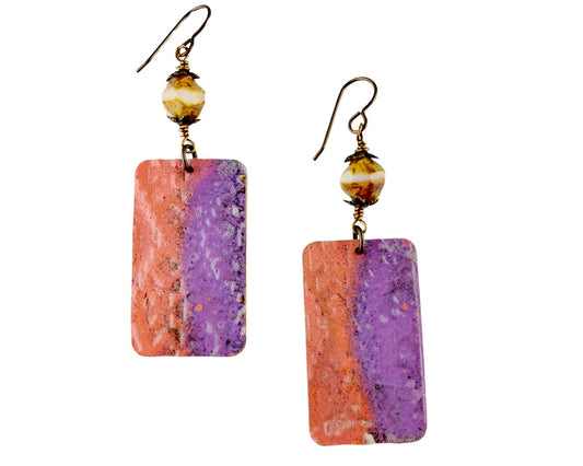 Southwestern earrings with magenta and purple hand-painted brass design