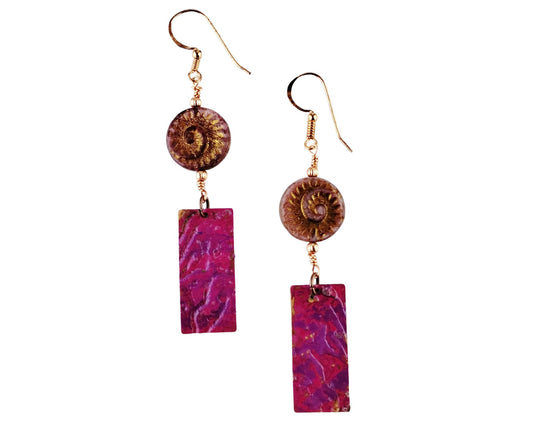 Hand-painted copper earrings with mulberry purple willow bark design