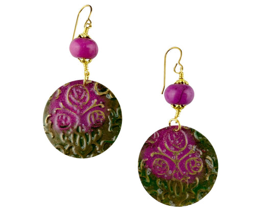Magenta purple gemstone earrings with hand-painted rose bush design