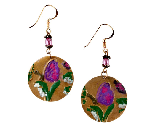 Hand-painted butterfly earrings in magenta and violet on round copper blanks