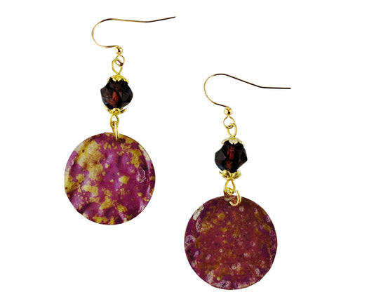 Hand-painted mauve purple brass earrings with textured round design
