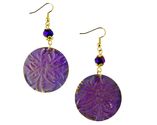 Hand-painted brass earrings with dragonfly design and royal purple beads