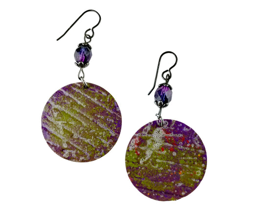 Handmade plum purple and army green brass earrings with textured design