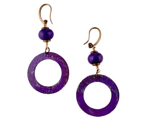 Handmade royal purple howlite bead and brass hoop earrings