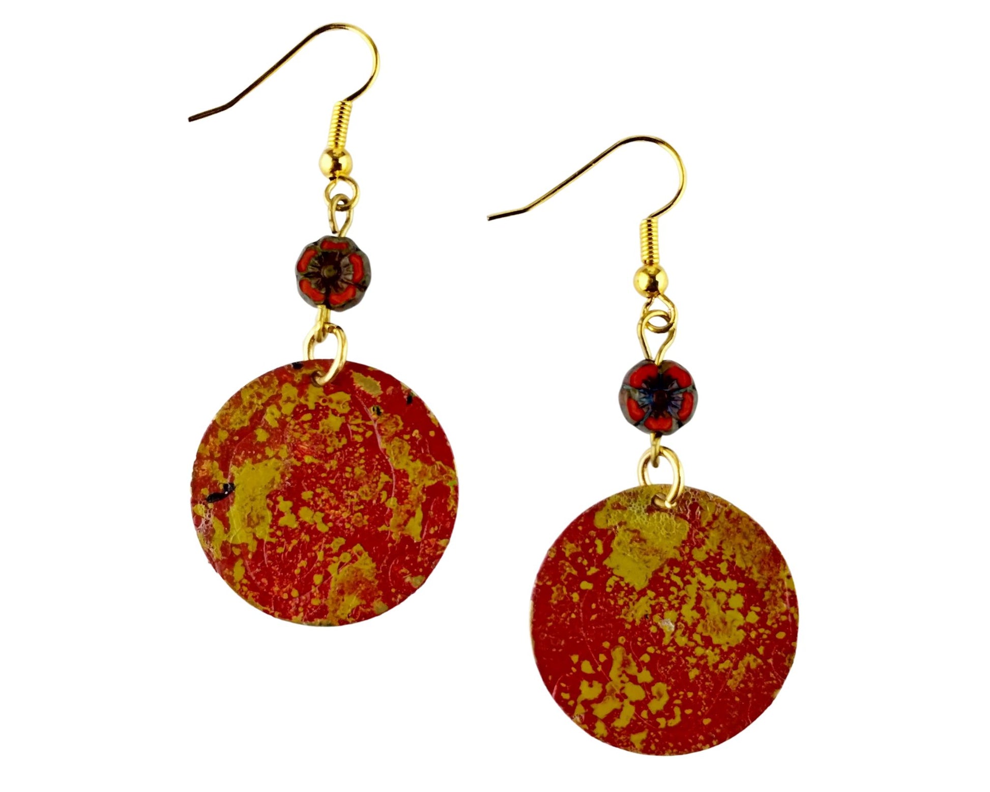 Hand-painted brass earrings in dark red and mustard yellow for fall