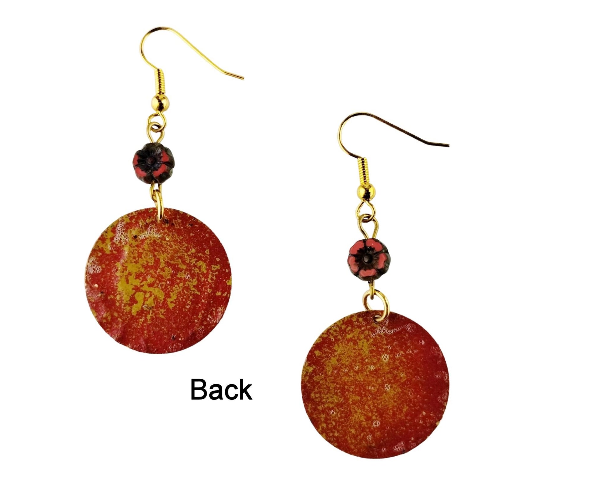 Back of Dark red floral earrings with carmine red and mustard yellow accents