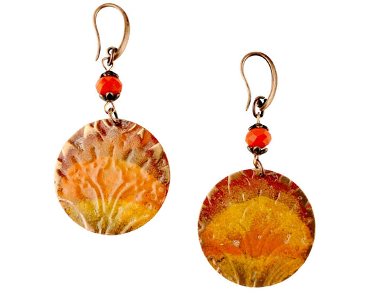 Hand-painted copper flower earrings with vibrant faceted glass bead accents.