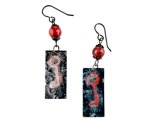 Hand-painted antique key earrings with vibrant red and whitewashed finish.