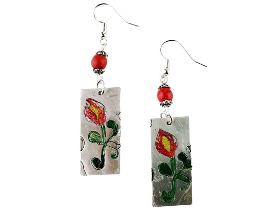 Lily Flower Pewter Earrings with crimson red glass beads and floral design.