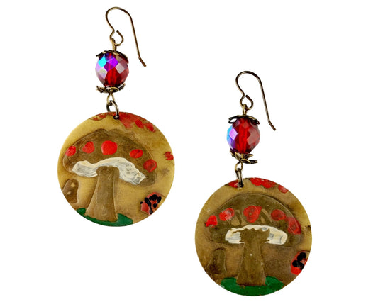 Handcrafted crimson red mushroom earrings with brass and woodland design