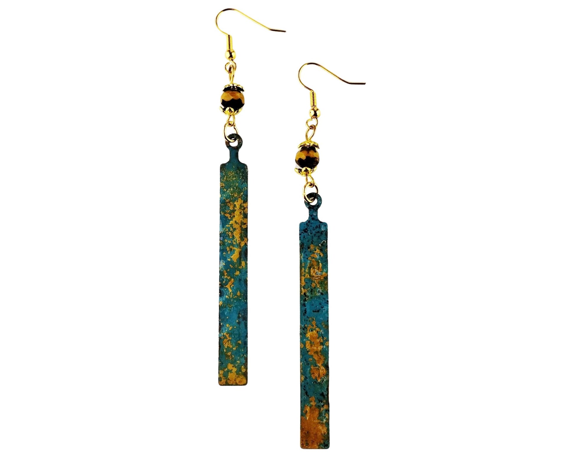Hand-painted long brass earrings in cyan blue and dijon yellow with Czech bead