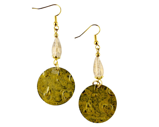 Clear teardrop glass bead earrings with gold-washed brass symbol charms