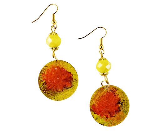 Handmade brass earrings with coral orange and lemon yellow floral design