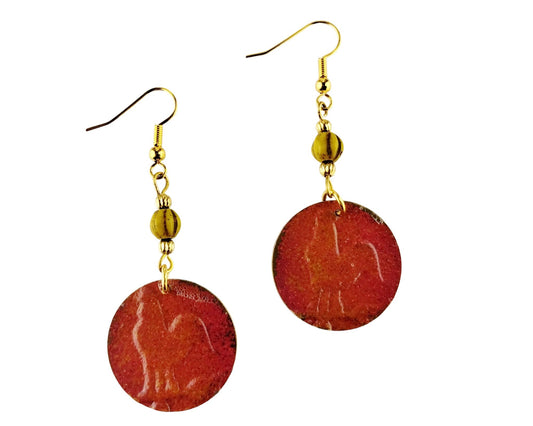 Hand-painted rooster brass earrings in barn red and dijon yellow