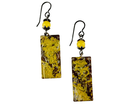 Lemon yellow glass bead and textured brass rectangle earrings
